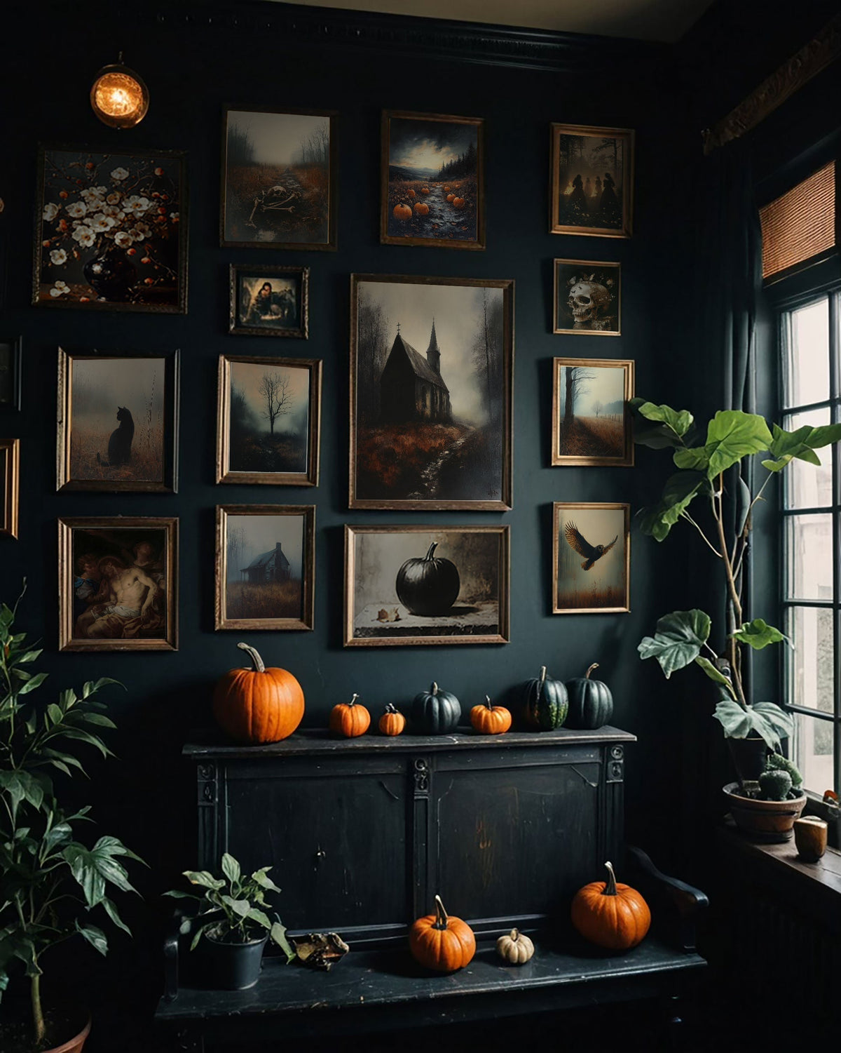 A collection of moody, antique-framed paintings adorn a dark wall above a cabinet with pumpkins, evoking a spooky, yet elegant, autumn atmosphere.