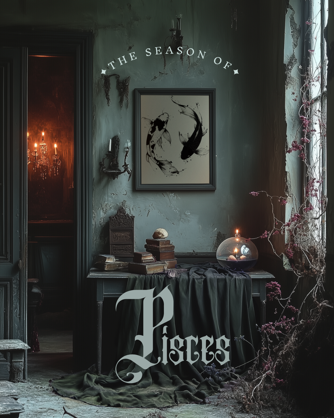 Moody image of an antique room, softly lit, with "Pisces" text overlay. Evokes the dreamy, mystical essence of Pisces season.