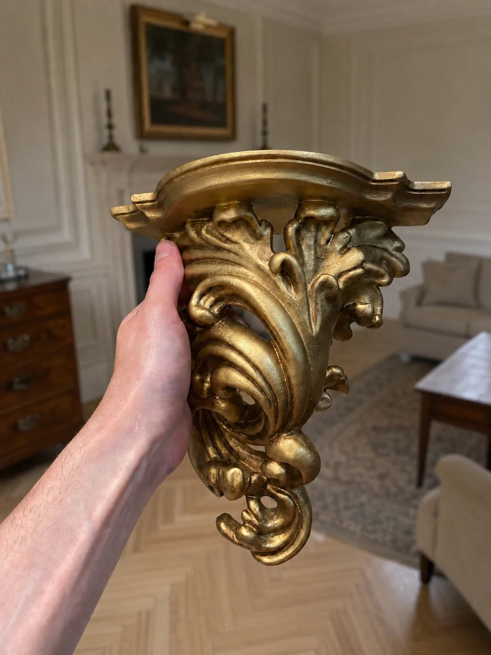 Pair of Gilded Baroque Revival Wall Sconce & Decorative Shelf