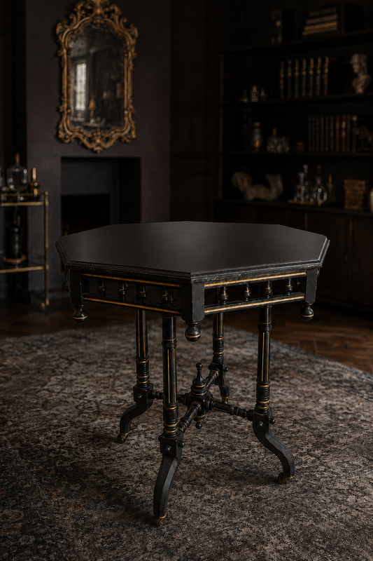 Antique Victorian Octagonal Side Table – Ebonised Wood Gothic Accent Table