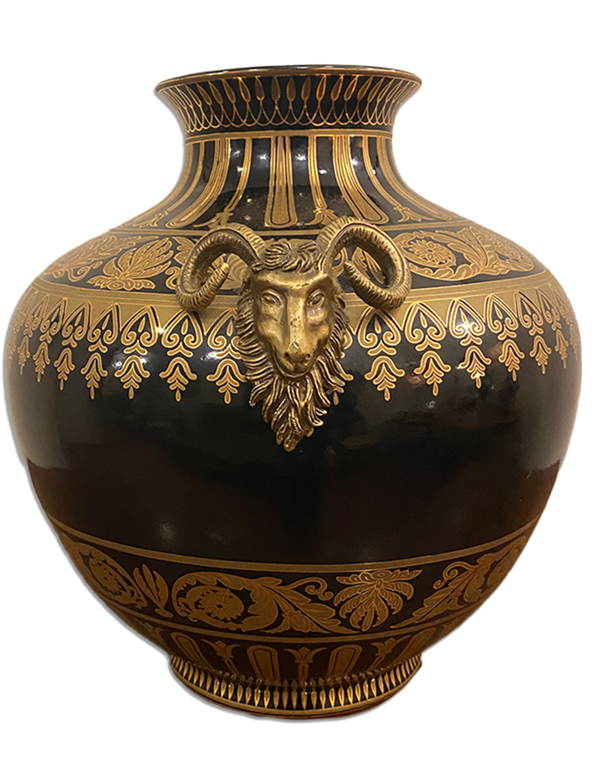 Large Black and Gold Decorative Vase with Ram Heads - Old Town Magick