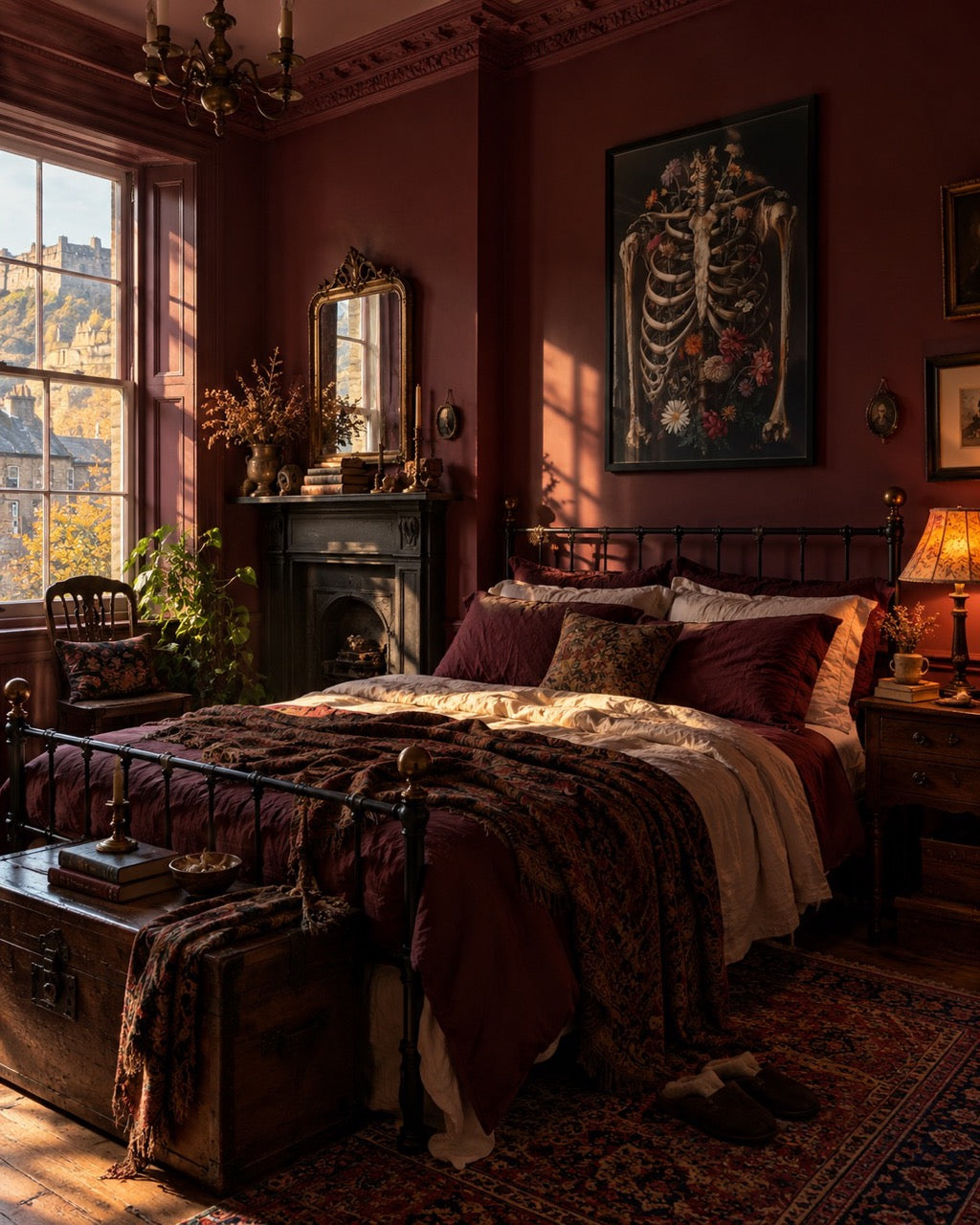 Anatomical-style artwork above a dark bed in a burgundy bedroom with a trunk at its foot.
