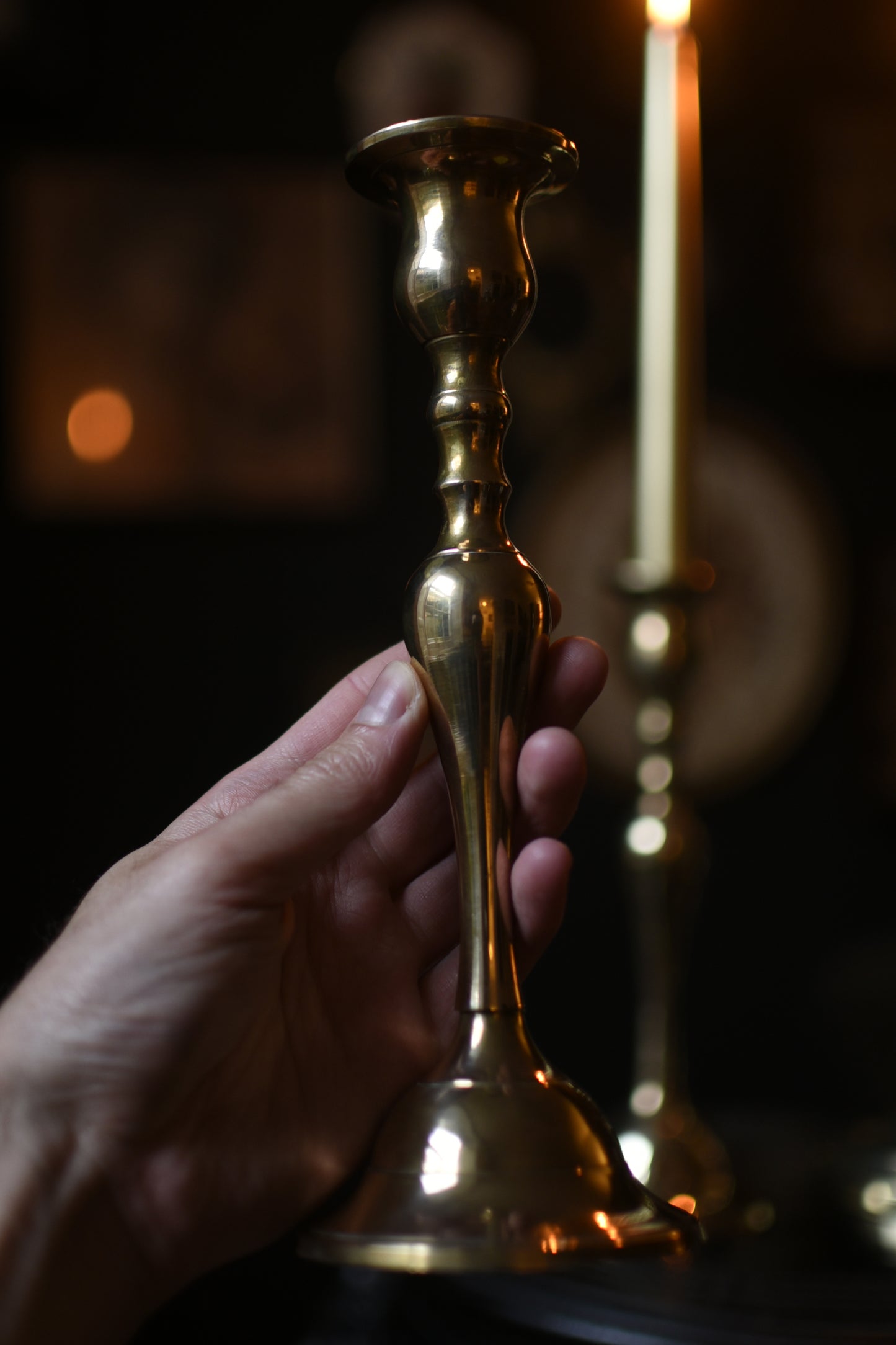 Pair of Antique Brass Candlesticks with curved profile (9")
