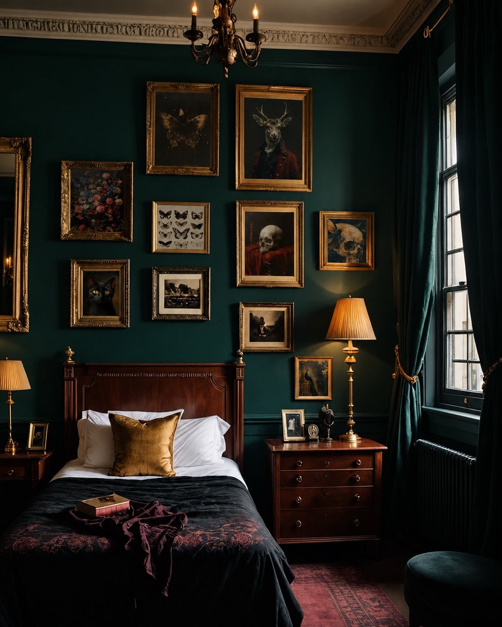 Dark green bedroom with a gallery wall of portraits and botanical prints above the bed.