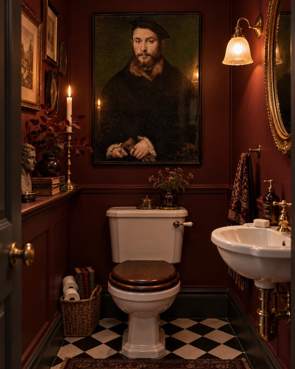 Classical male portrait above a toilet in a burgundy cloakroom with a chequered floor.