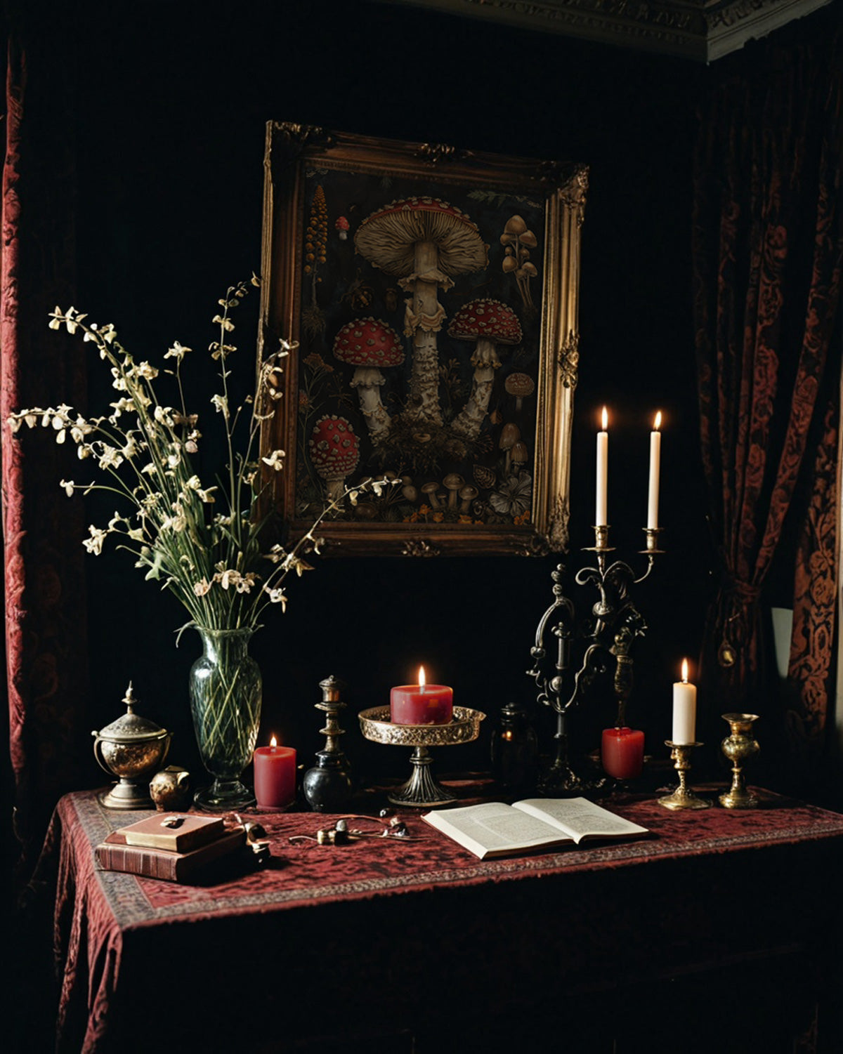 A dimly lit, gothic-style altar displays candles, flowers, books, and a mushroom painting on a red velvet-covered table.