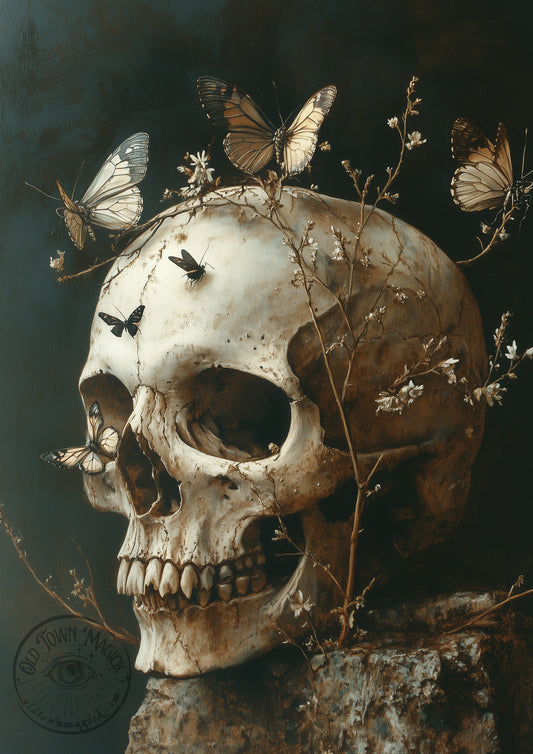 White Butterfly Skull Wall Art Print