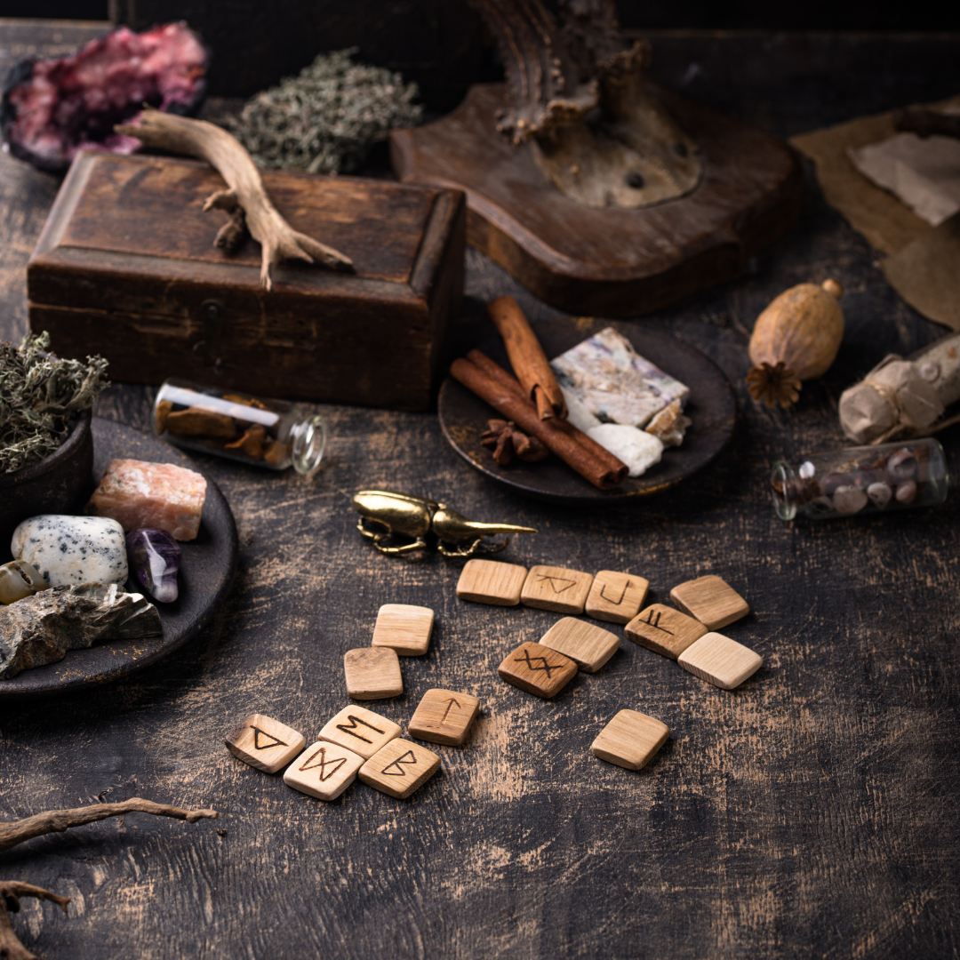 An intriguing, dark still-life: wooden runes, dried herbs, crystals, and curiosities evoke an esoteric mood for Old Town Magick.
