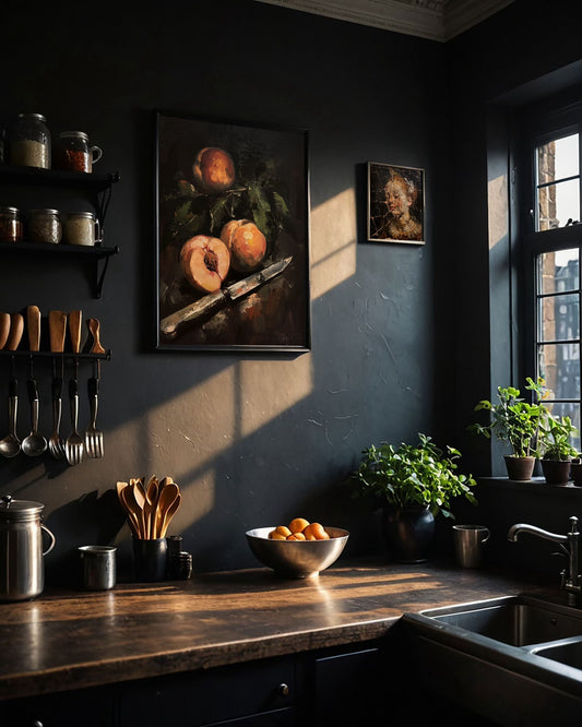 A darkly lit kitchen featuring a still life painting of peaches, evoking a moody, gothic ambiance perfect for Old Town Magick's decor guide. 
