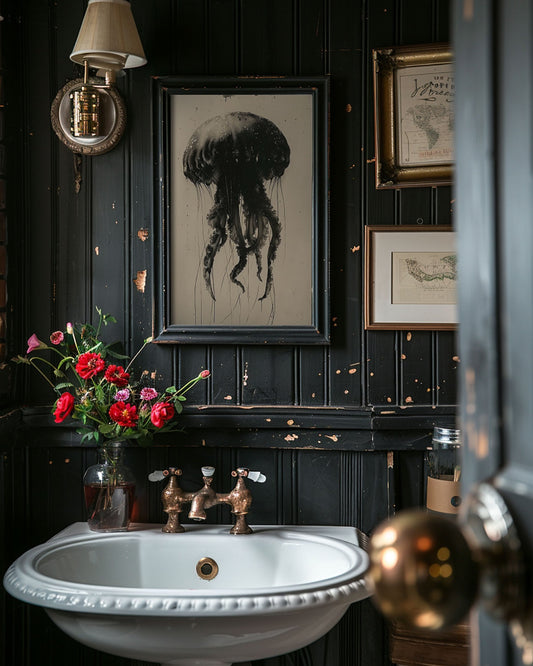 Moody bathroom with black wood paneling, gold accents, a white sink, and framed art, creating a dark, gothic atmosphere.
