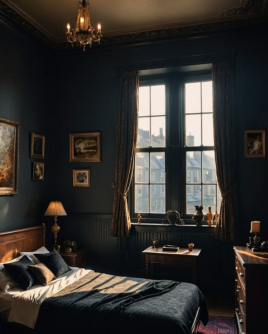 A dark, moody bedroom with a gothic sensibility; the bed is neatly made and lit by sunlight streaming through a large window.