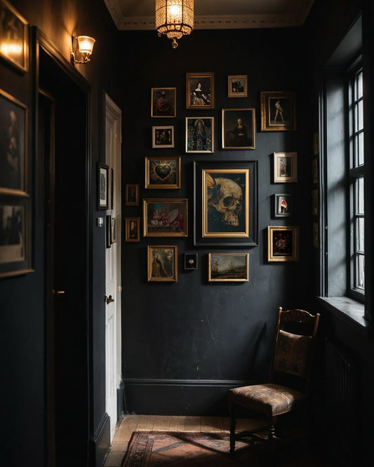 Moody Gothic hallway with dark walls, vintage portraits in gold frames, a chair, and warm overhead lighting.