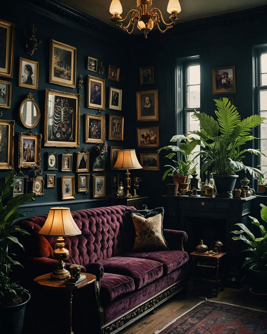 An elegantly gothic living room featuring a plush plum sofa, antique artwork, lush plants, and an eerie ambiance.
