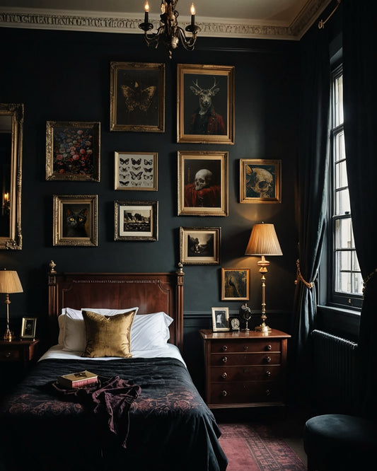 Moody bedroom featuring dark walls adorned with gothic-themed art, antique furniture, and a lavishly dressed bed, evoking a mysterious atmosphere.
