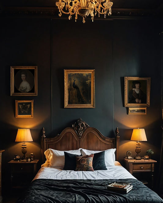 A darkly lit, opulent bedroom with antique furniture, framed portraits, and a vintage chandelier evokes a moody, gothic aesthetic.
