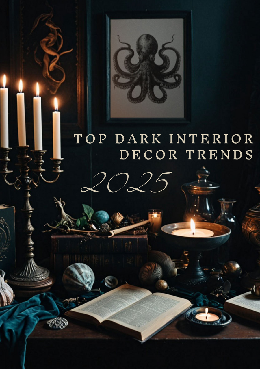An alluring, moody glimpse into dark interior design featuring antique books, candles, and octopus art evoking gothic and classical vibes.