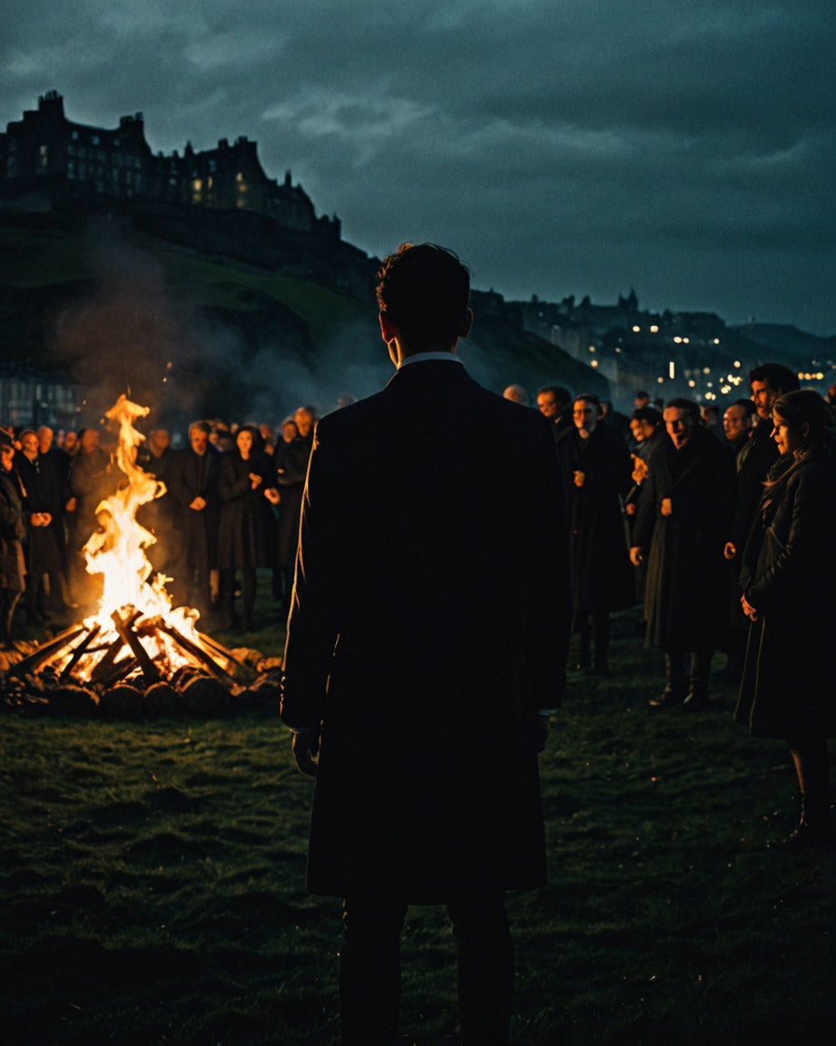 An enigmatic gathering at dusk. A lone figure faces a roaring Beltane bonfire, silhouetted against a dark castle backdrop, evoking a sense of ancient ritual.
