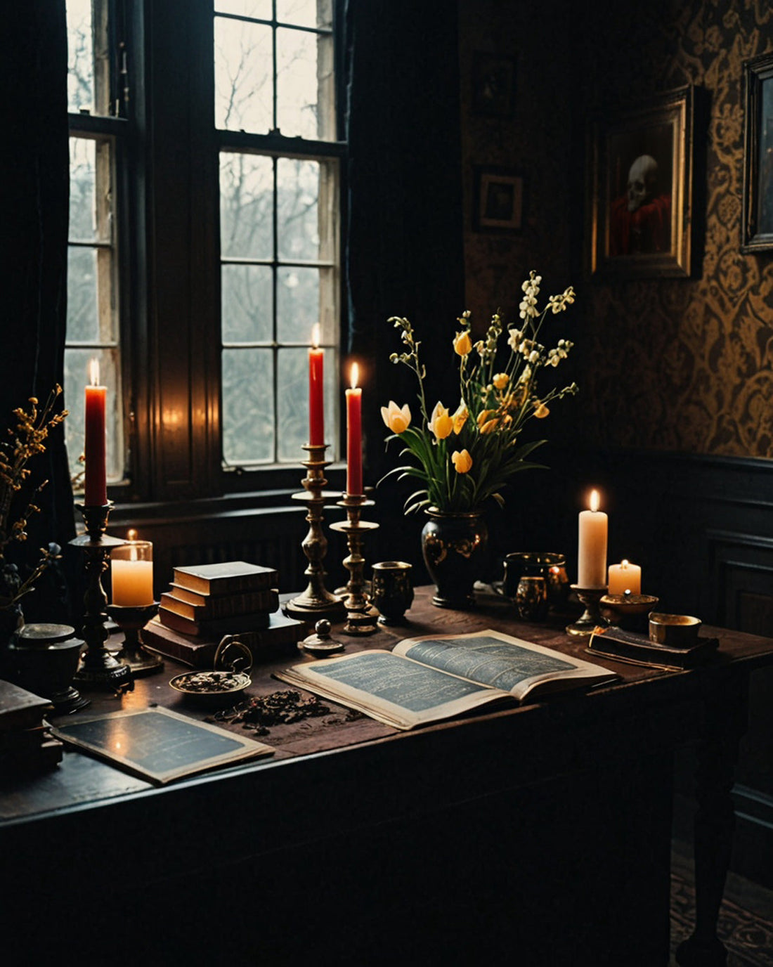 A warmly lit, gothic-inspired room sets an enchanting scene for Imbolc, featuring candles, books, and floral arrangements on a wooden desk.
