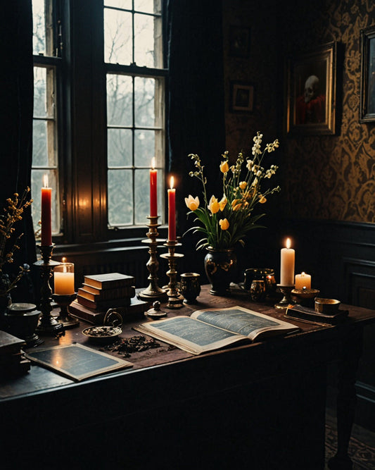 A warmly lit, gothic-inspired room sets an enchanting scene for Imbolc, featuring candles, books, and floral arrangements on a wooden desk.
