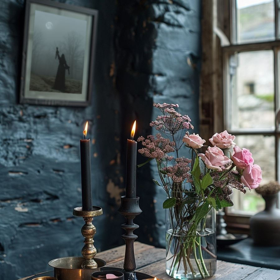 Moody witchcore aesthetic: Black candles illuminate a table with pink roses, beneath a dark, mysterious framed artwork.