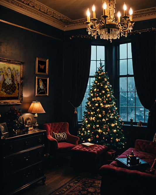 A dimly lit, opulent room exudes holiday cheer with a grand Christmas tree, plush red seating, and enchanting, artful ambiance.
