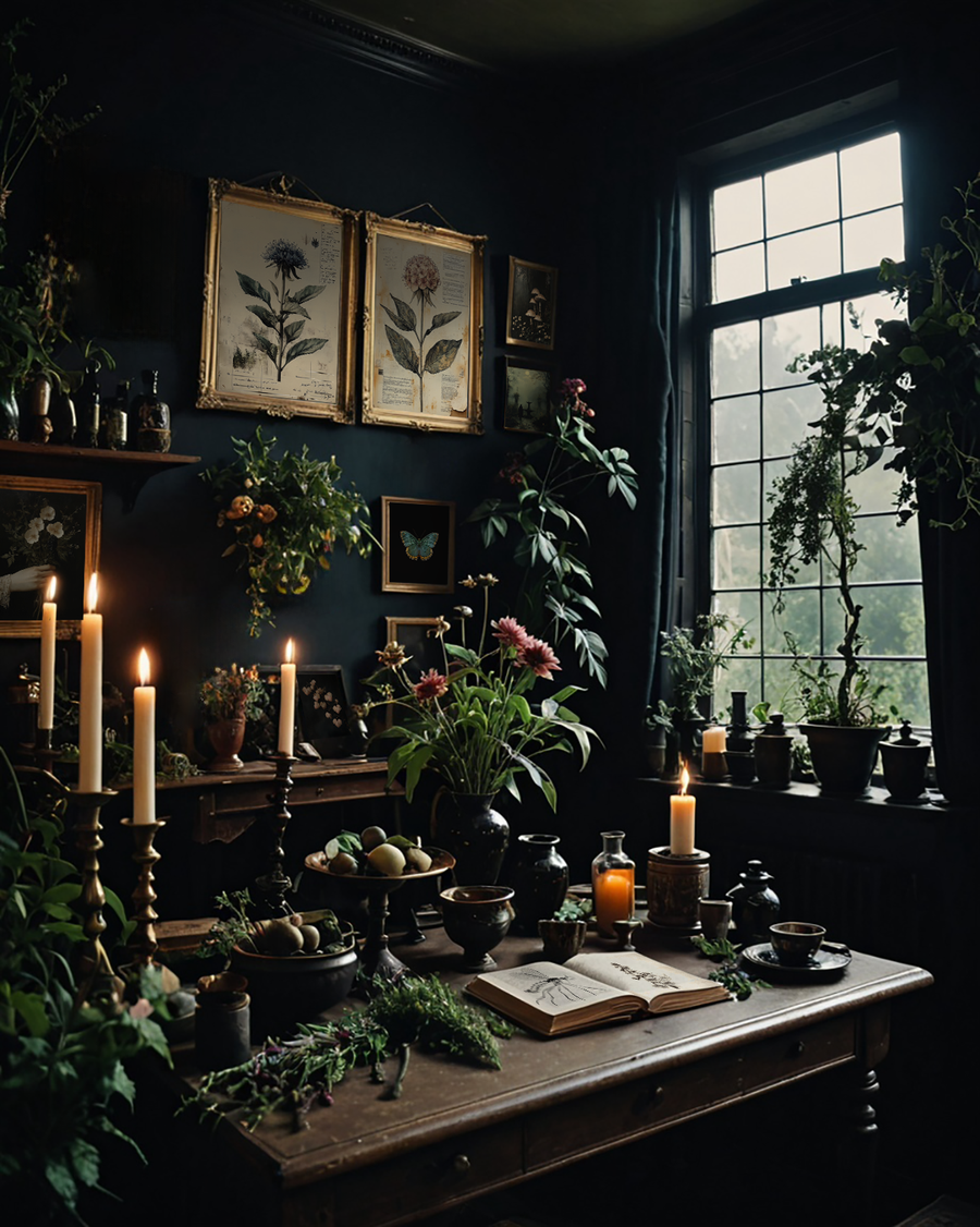 Moody, enchanted interior featuring botanical prints, candles, plants, and an open book, evoking a sense of mystery and alchemy. 
