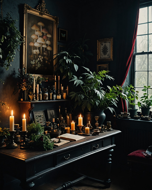 Moody, vintage-style room with a dark wooden desk adorned with candles, plants, and potion bottles, creating a witchy, mystical atmosphere.

