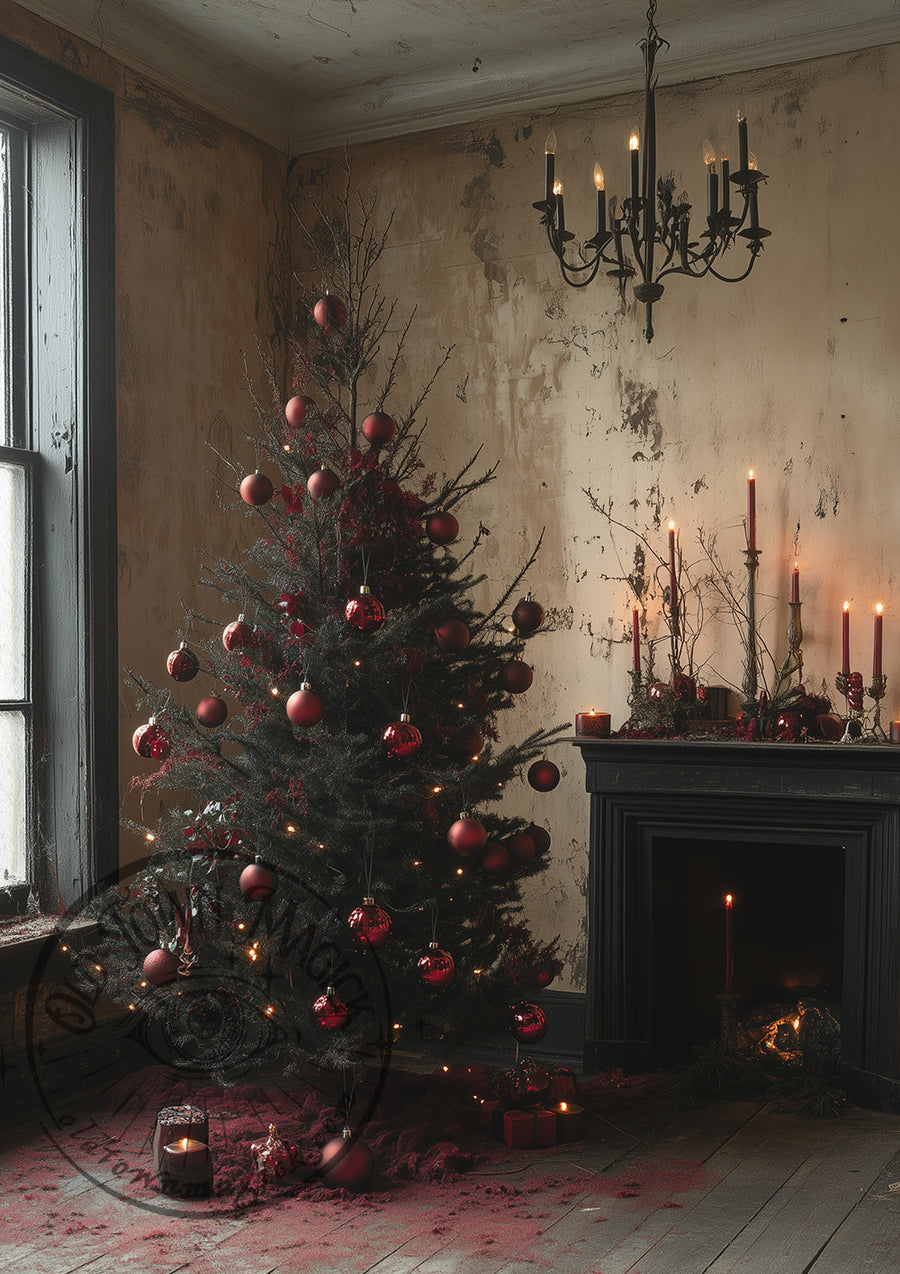A softly lit, moody winter interior with a black Christmas tree decorated in red ornaments and candles.
