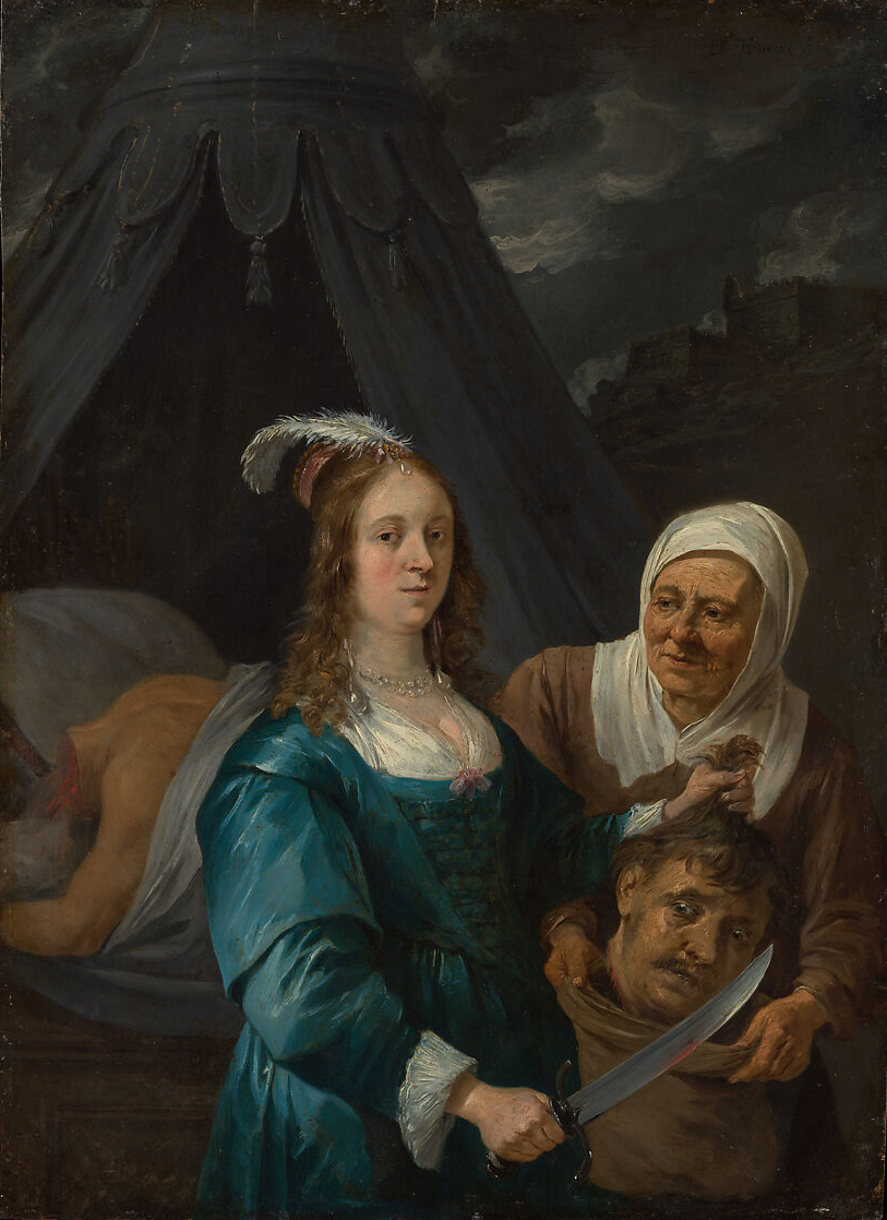 Judith slaying Holofernes, a dark, dramatic painting with tension, a woman holds a sword, a severed head, and a body on a bed.
