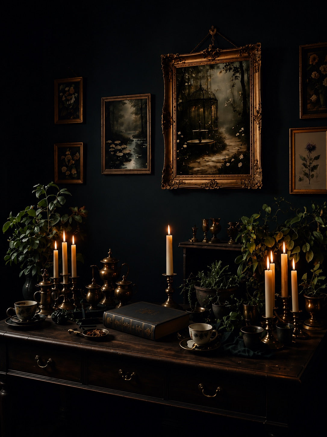 Gold-framed paintings above a dark console with books, plants and candlelight.