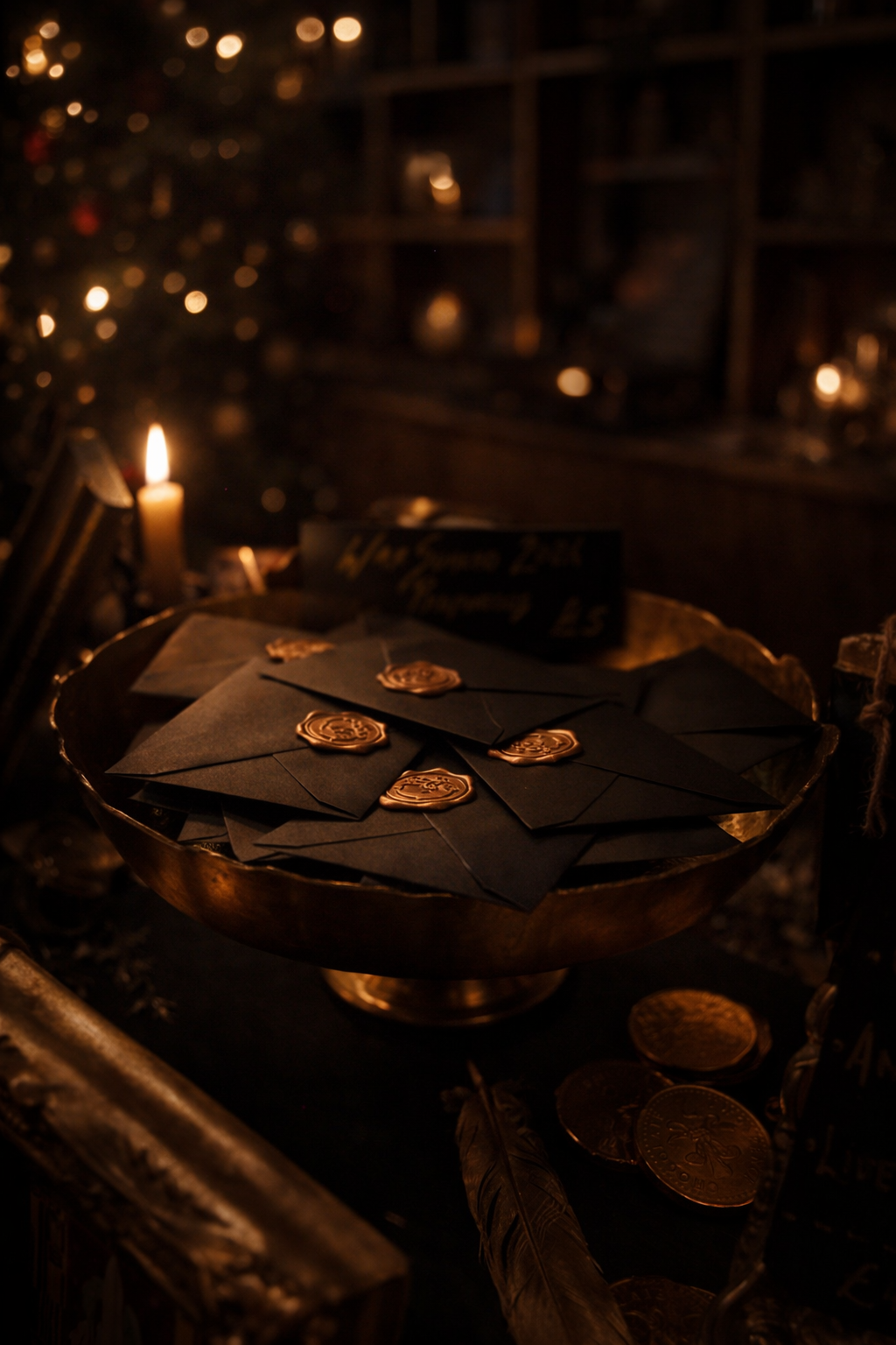 Moody, antique-inspired scene with black wax-sealed envelopes, golden coins, and candlelit ambiance for a curated decorative arts collection.
