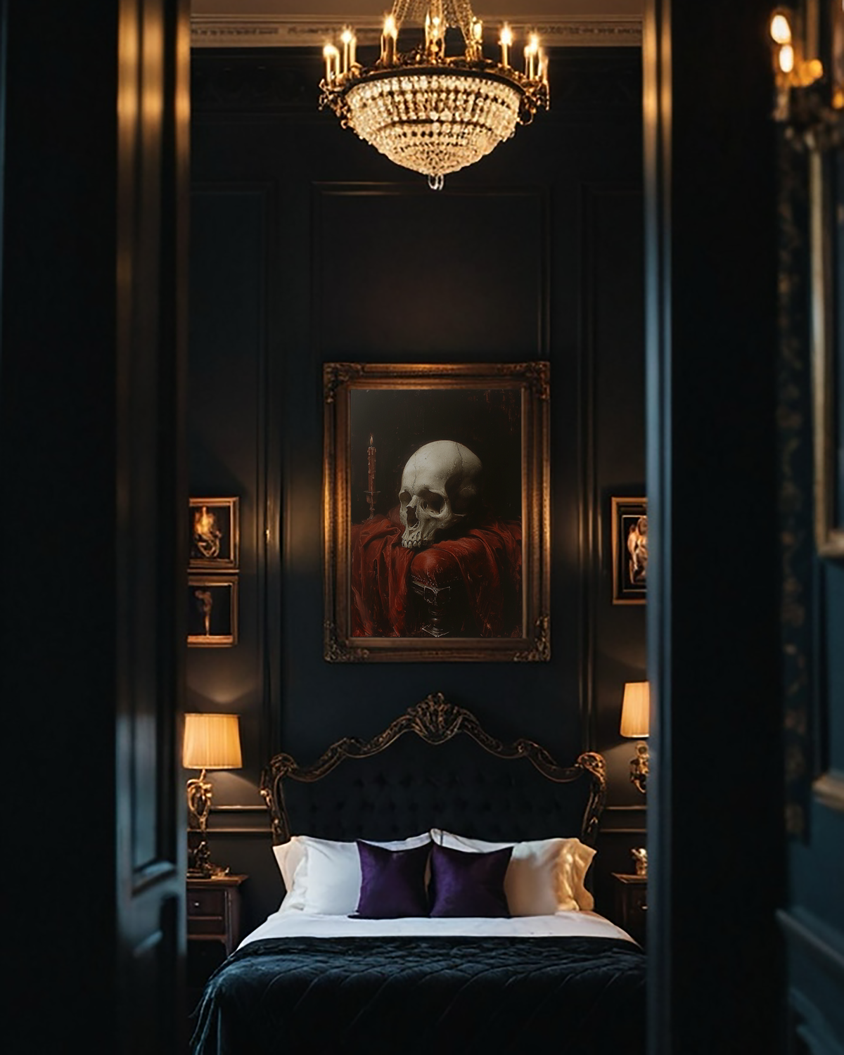 Ornate, dark bedroom with a skull painting above the bed. A crystal chandelier hangs from the ceiling, casting a dim, eerie glow.