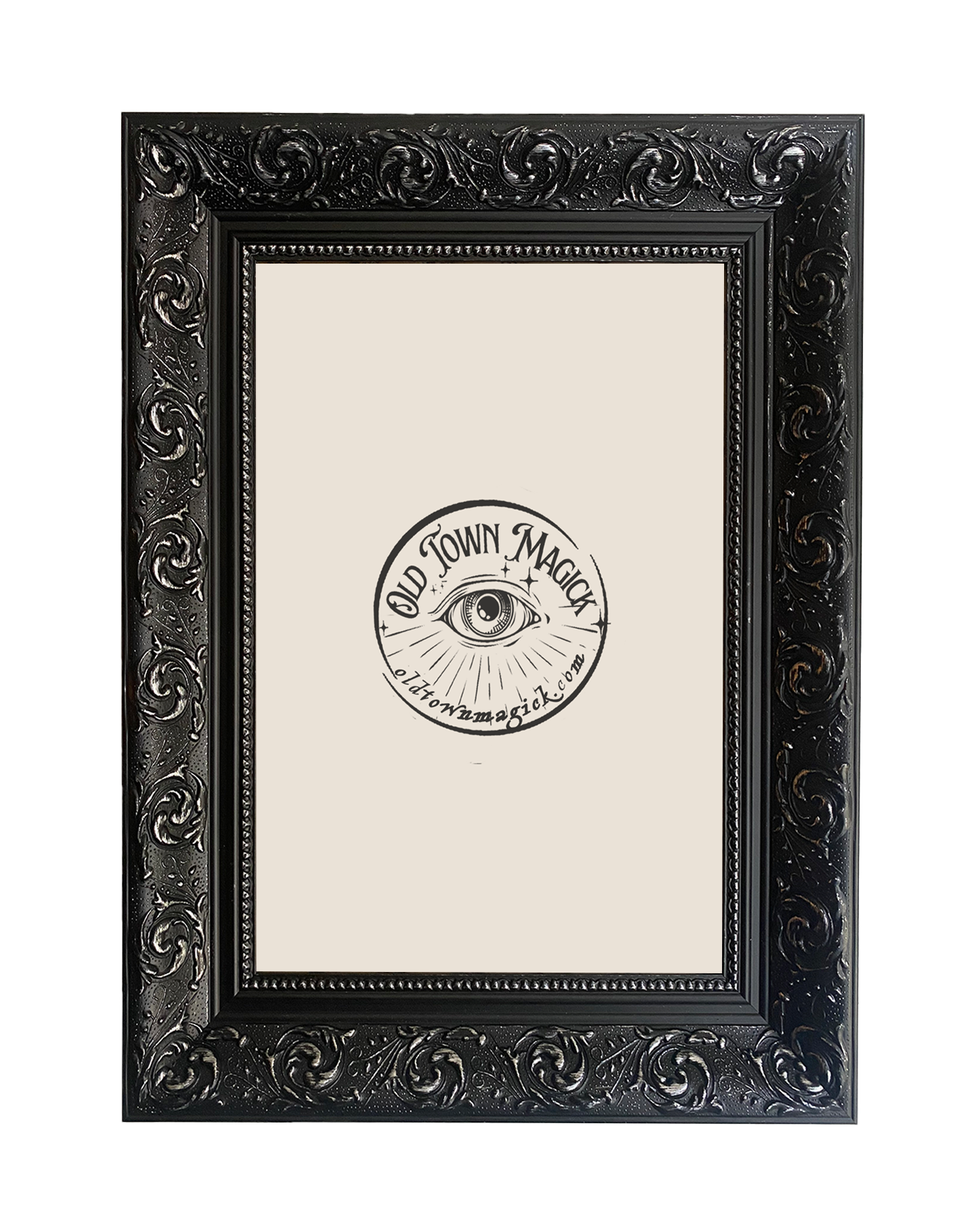 Elegant black picture frame with ornate swirling details, showcasing art prints and wall decor.