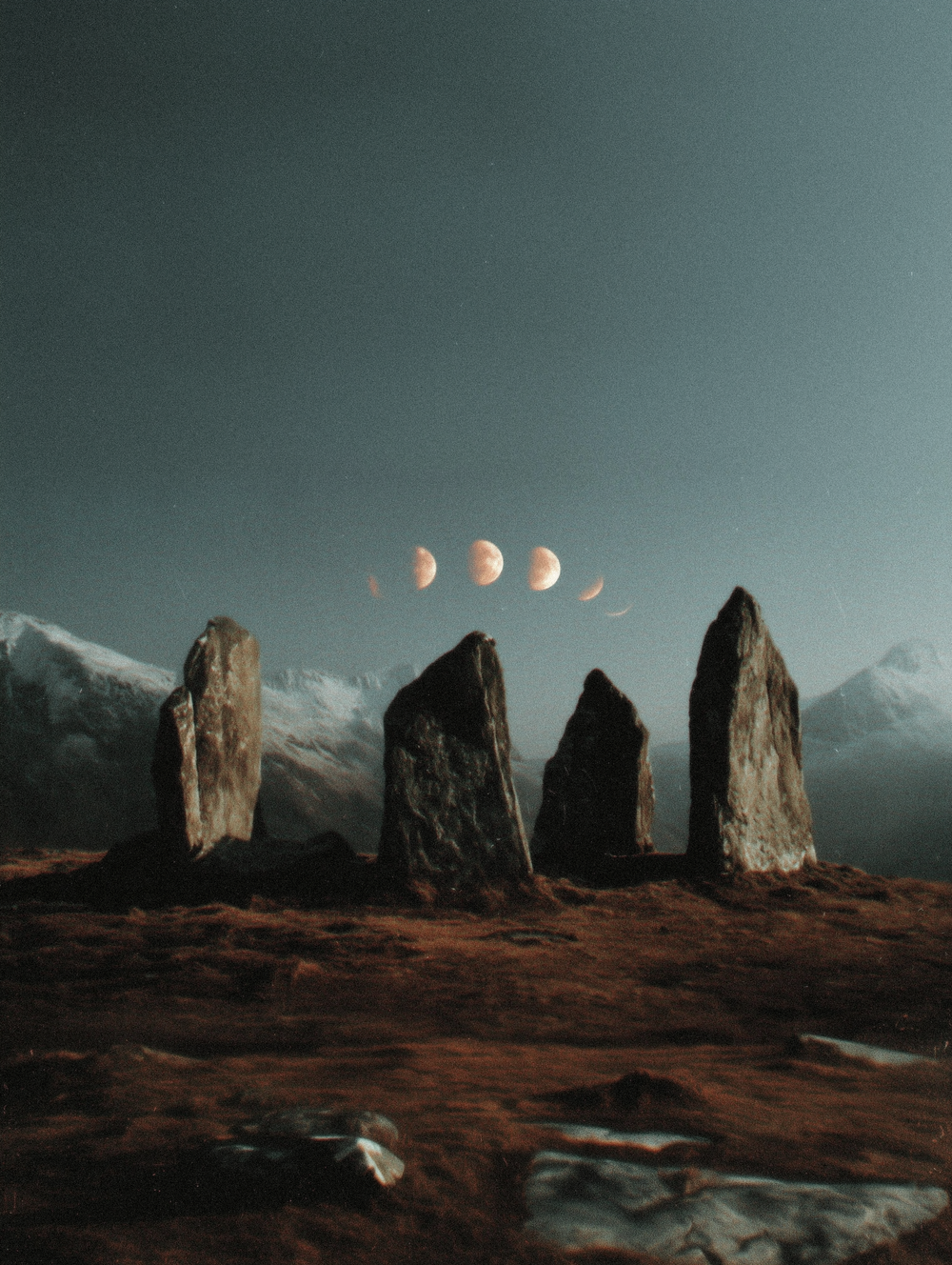 Mystical Scottish Highland art: ancient standing stones, phases of the moon, earthy browns, and rugged, ethereal landscapes.
