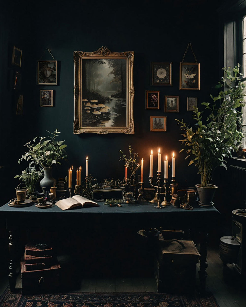 Dark botanical wall art collection: Moody, vintage paintings, open book, and lit candles create a magical, gothic ambiance.
