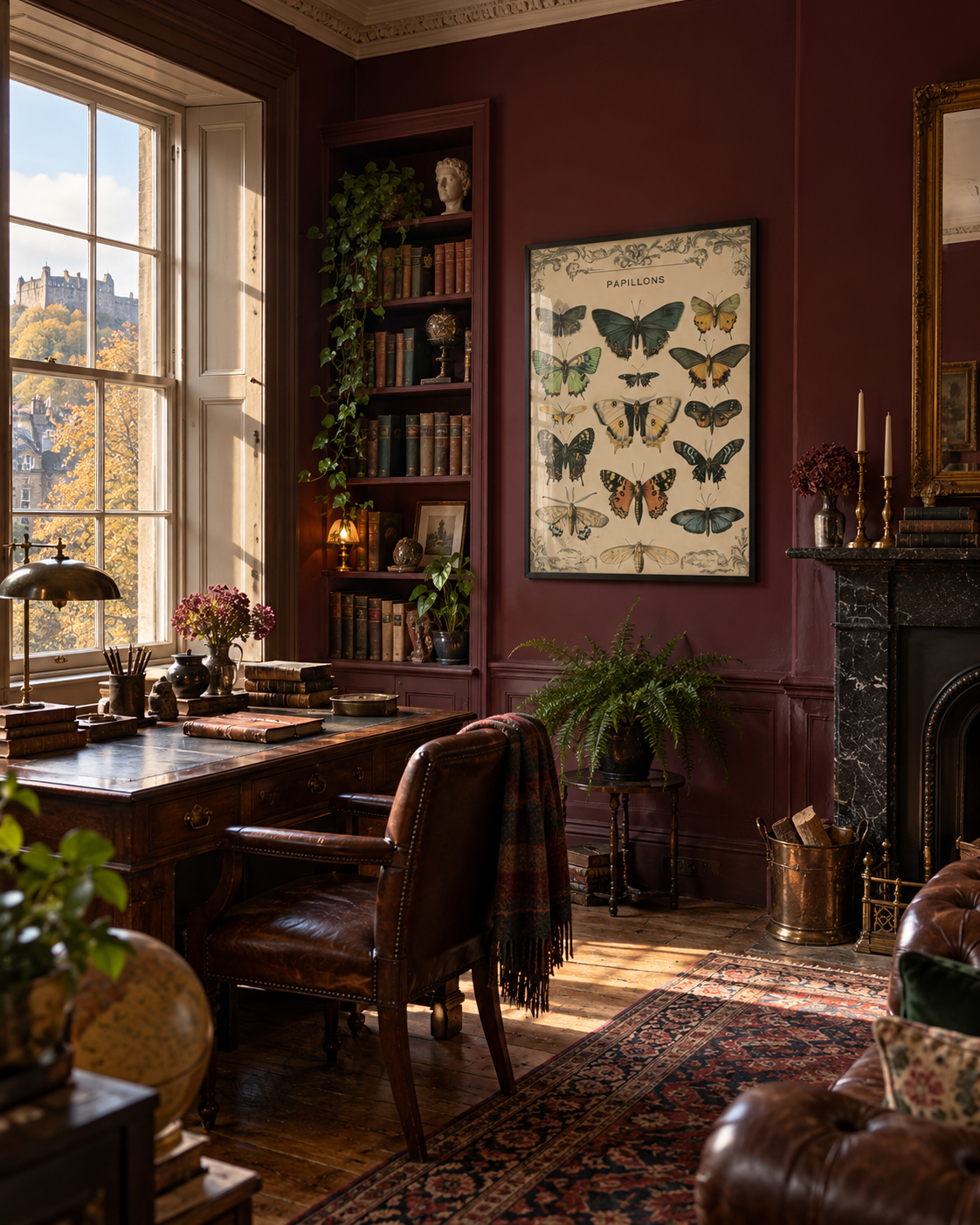 Realistic dark academia Edinburgh study with burgundy walls, antique writing desk, autumn sunlight and framed vintage Papillons butterfly wall art.