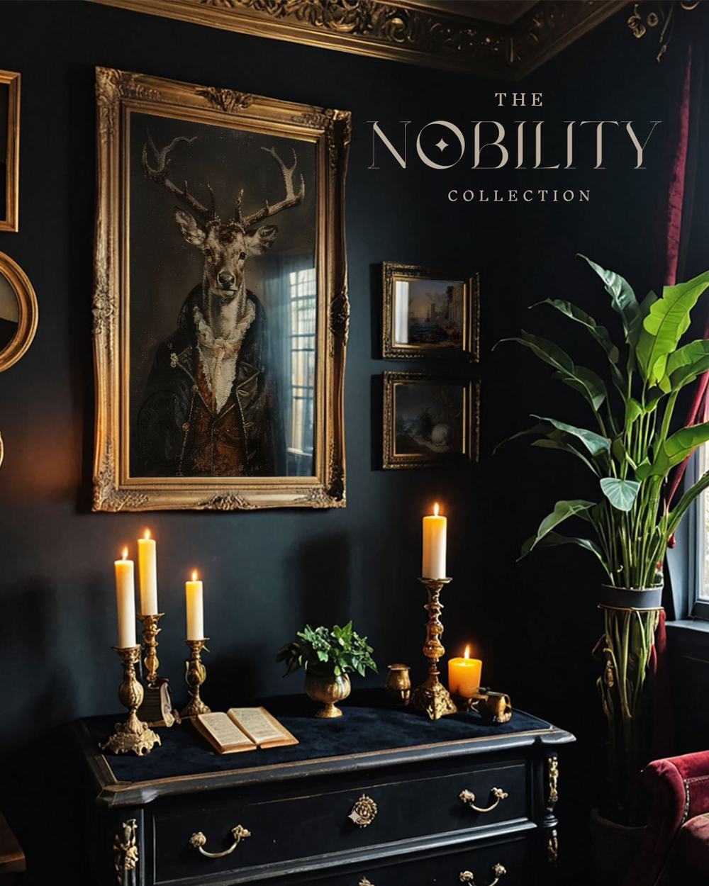 Dark, moody interior featuring gilded framed deer portrait, lit candles, and lush greenery for a noble, stately ambiance.
