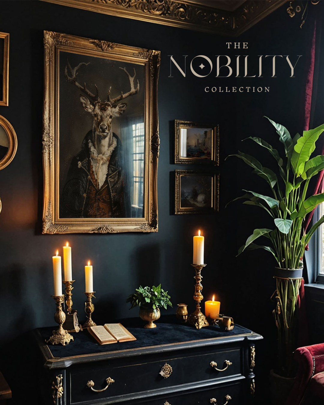 Dark, moody interior featuring gilded framed deer portrait, lit candles, and lush greenery for a noble, stately ambiance.
