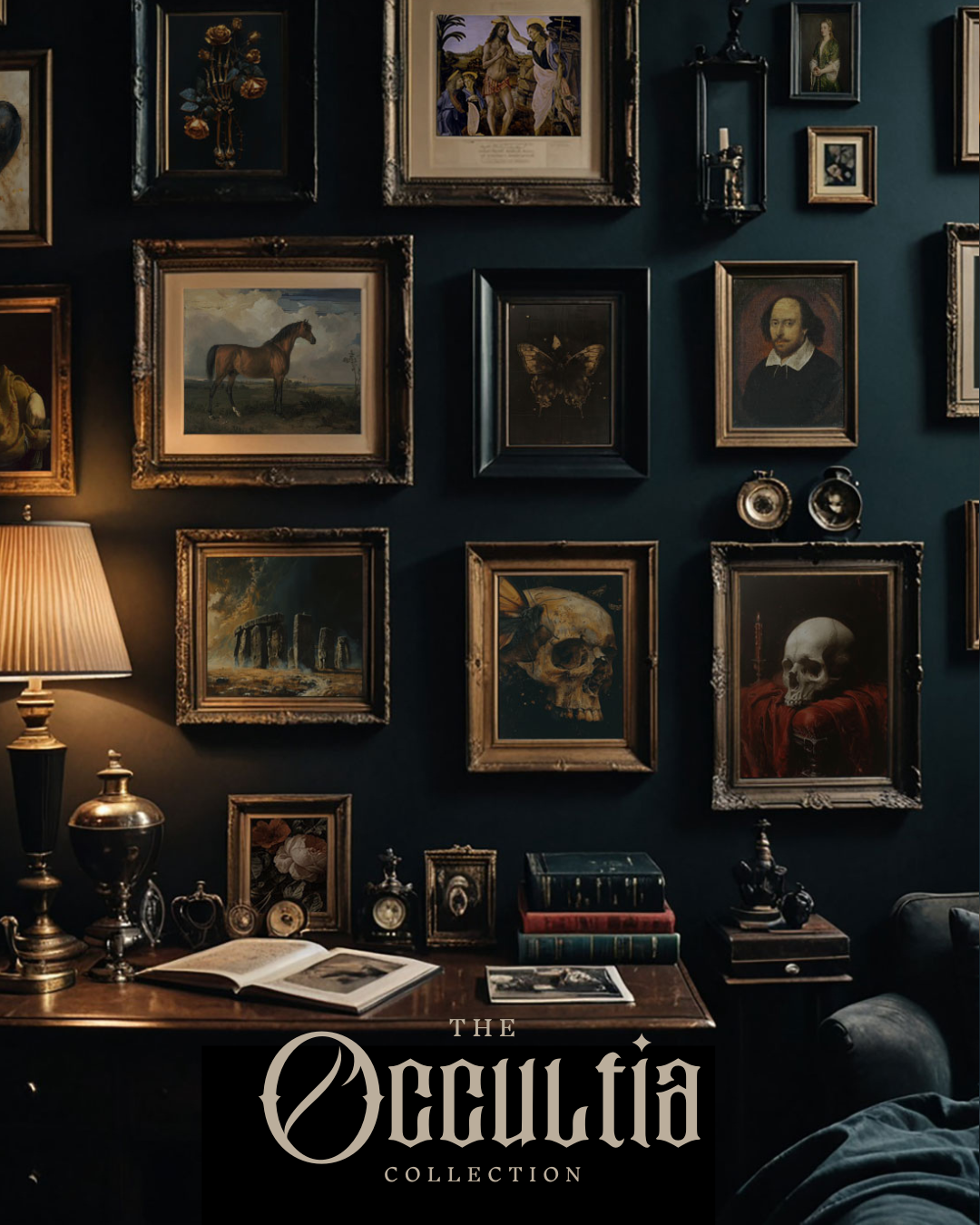 Dark academia wall art collection featuring vintage skull, floral, and historical prints in ornate gold frames.
