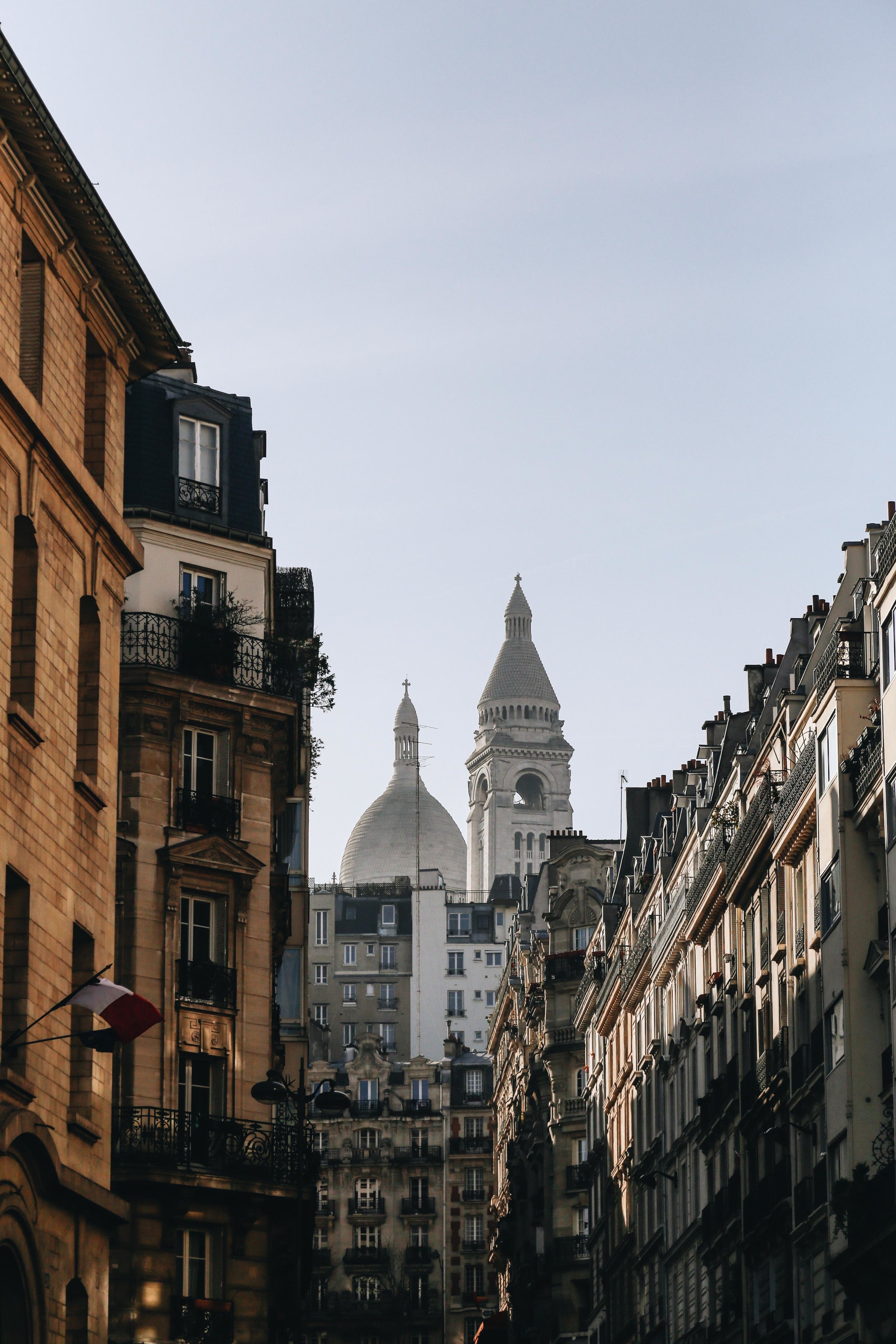 Parisian architecture with basilica dome and tower. Vintage Parisian style in neutral and beige tones.