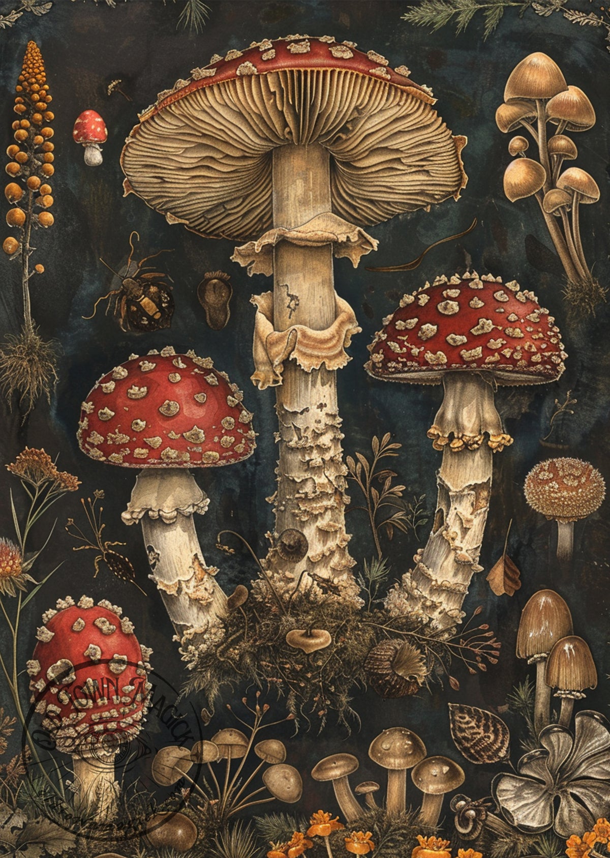 Dark Fungi – Vintage Mushroom Botany Illustration – Dark Academia Wall Art Print