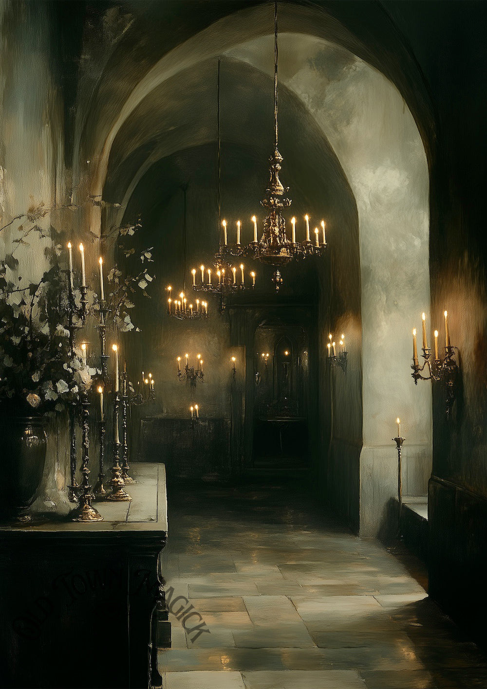 Candlelit Hall Wall Art Print – Gothic Interior Architecture Art