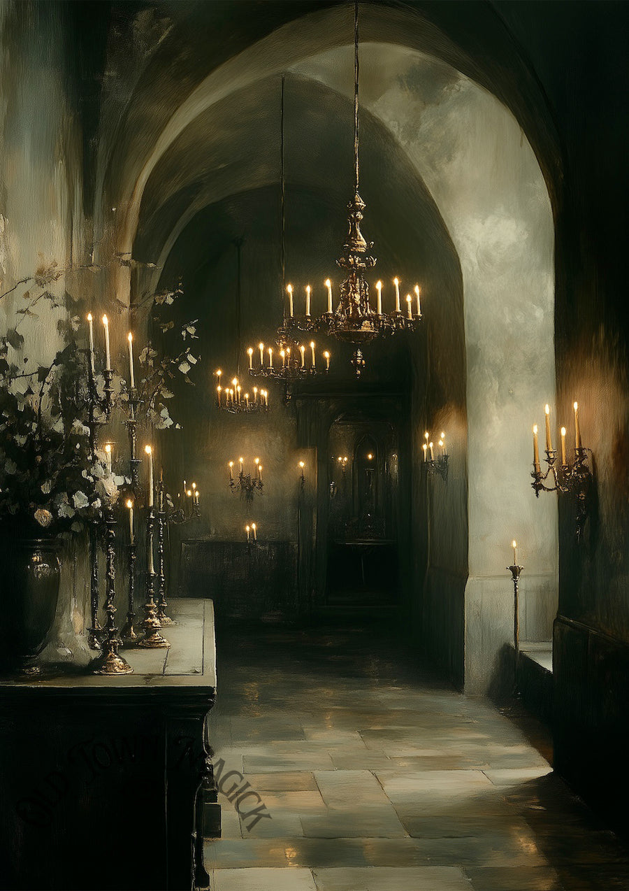 Candlelit Hall Wall Art Print – Gothic Interior Architecture Art