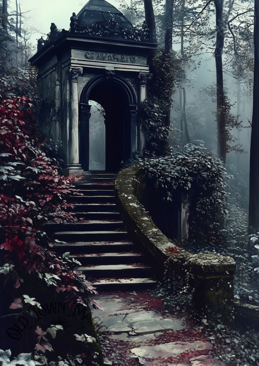Overgrown Garden Staircase Wall Art Print – Romantic Garden Ruins Artwork