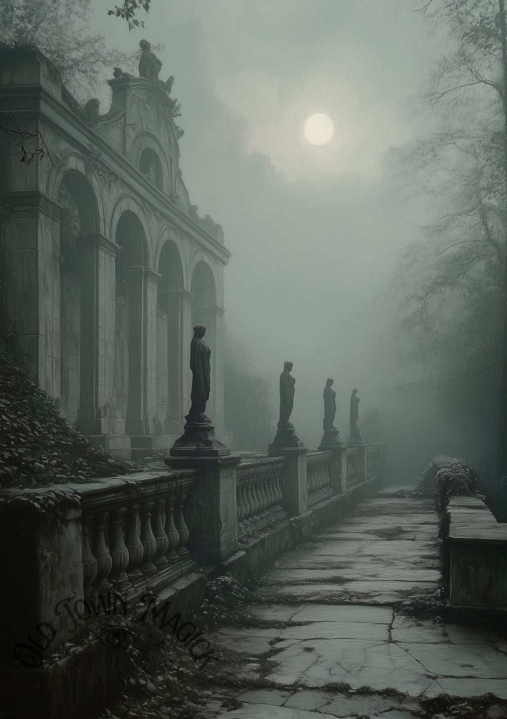Midnight Cemetery Walk Wall Art Print – Gothic Graveyard Landscape Art