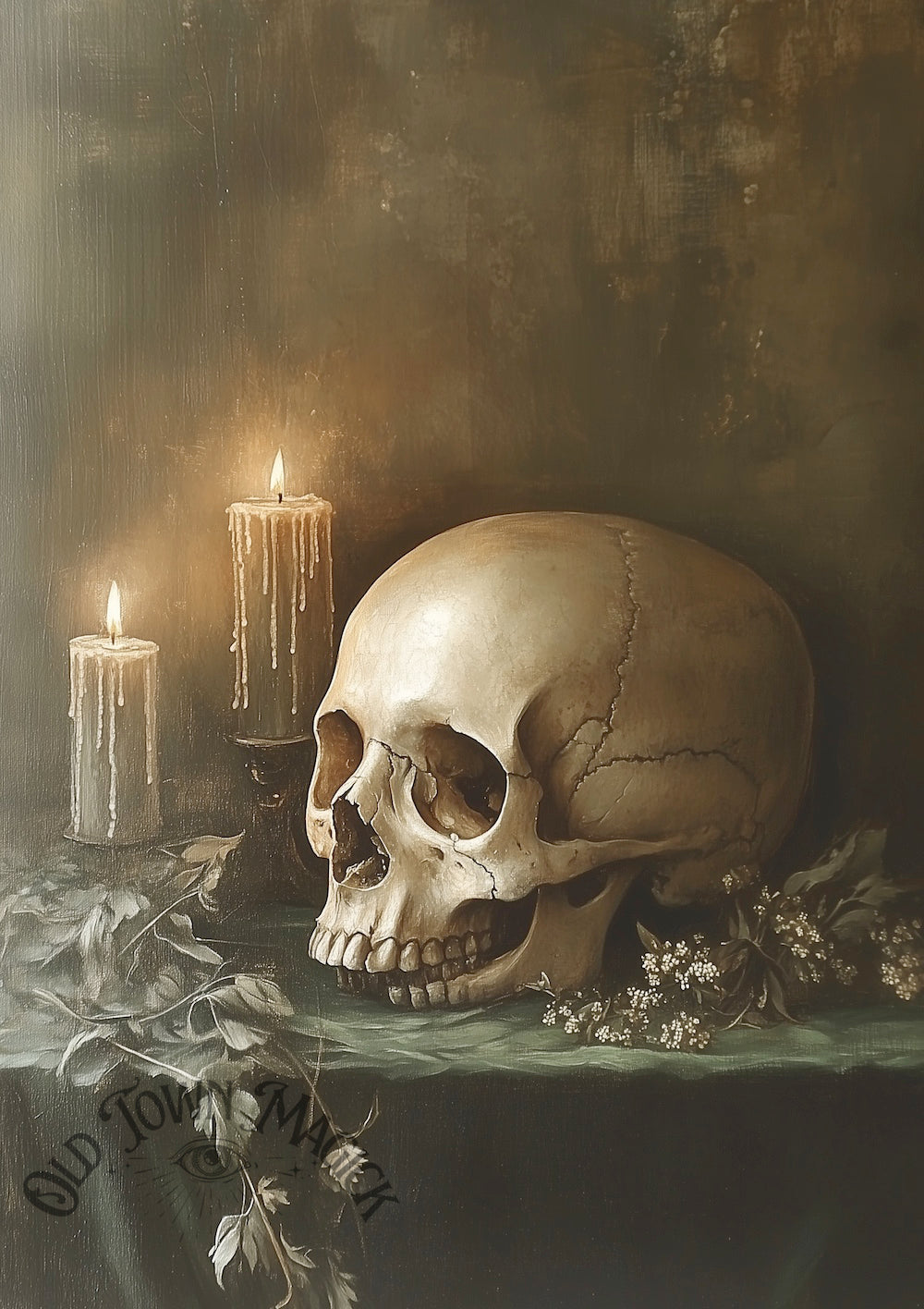 Alchemist's Skull By Candlelight Wall Art Print – Gothic Alchemy Still Life Art