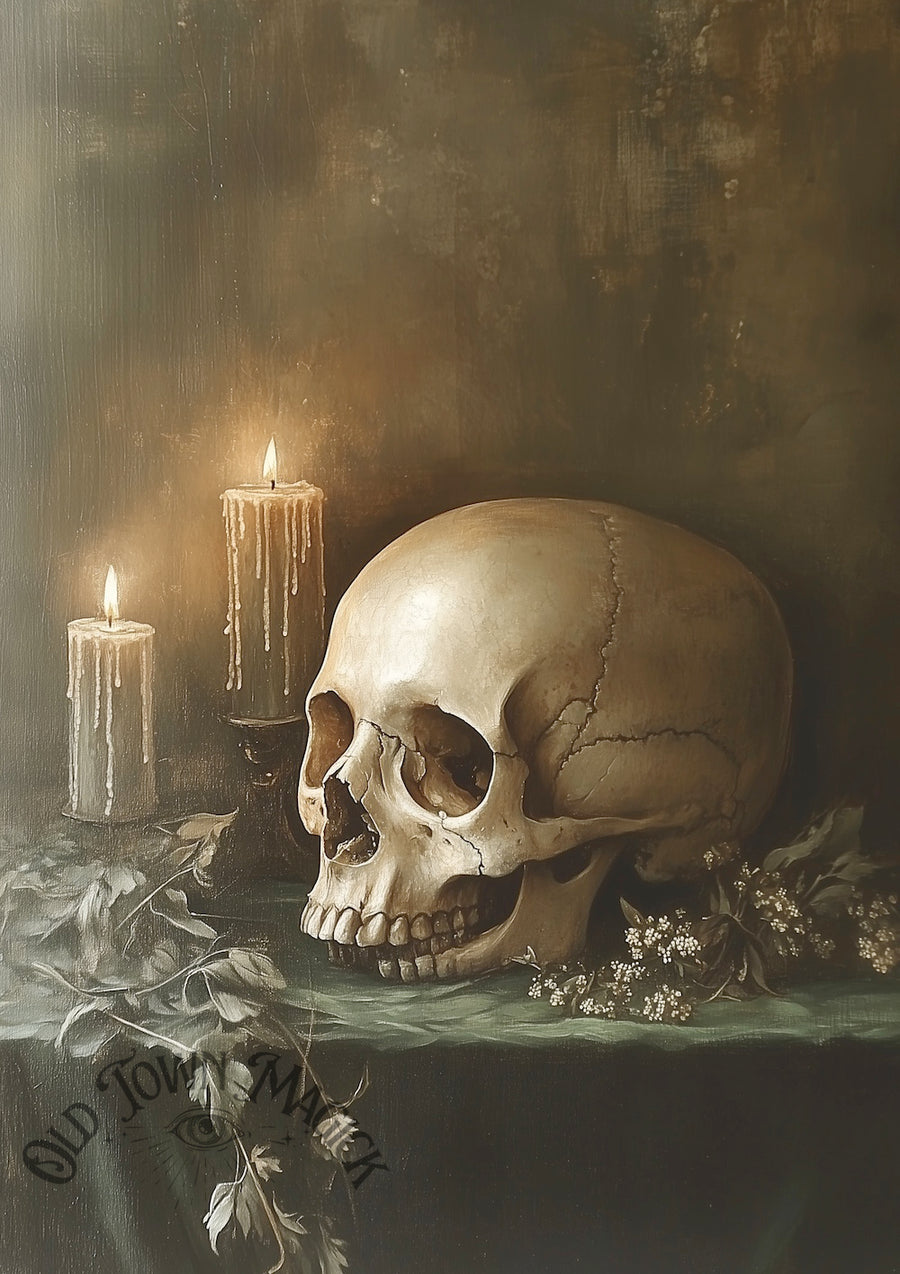 Alchemist's Skull By Candlelight Wall Art Print – Gothic Alchemy Still Life Art