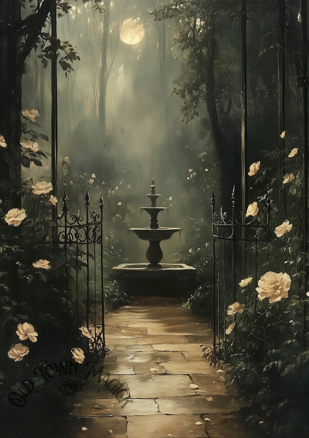 Dark Garden Fountain Wall Art Print – Atmospheric Garden Landscape Art