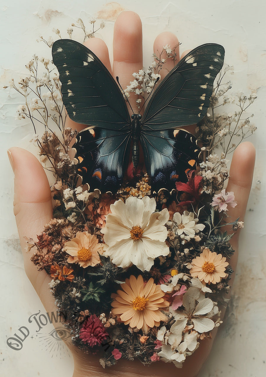 Butterfly And Floral Hand Wall Art Print – Romantic Gothic Still Life Art