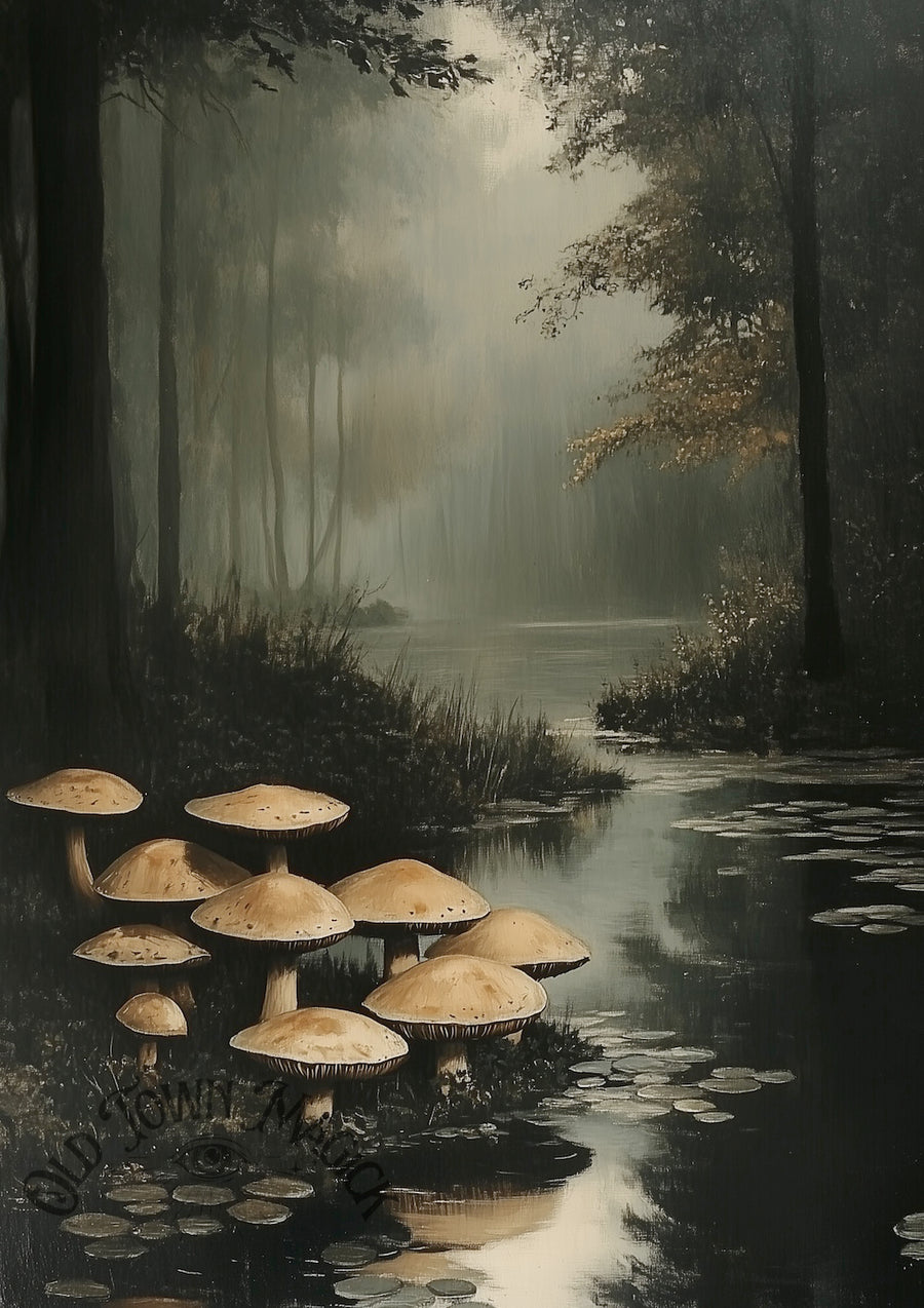Mushrooms By The Pond Wall Art Print – Woodland Mushroom Landscape Art